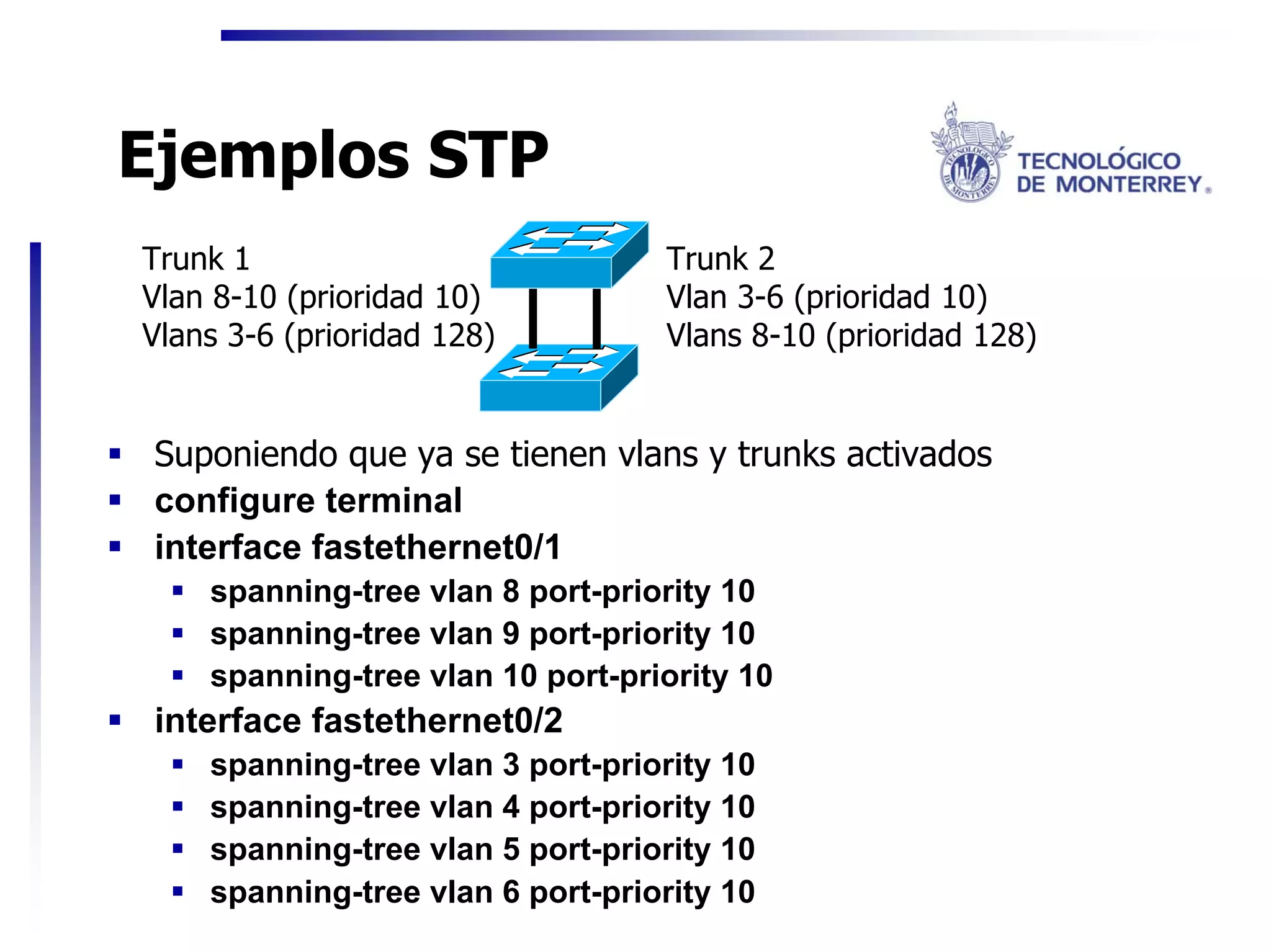 Ejemplos STP
Trunk 1                           Trunk 2
Vlan 8-10 (prioridad 10)          Vlan 3-6 (prioridad 10)
Vlans 3-6 (prioridad 128)         Vlans 8-10 (prioridad 128)


 Suponiendo que ya se tienen vlans y trunks activados
 configure terminal
 interface fastethernet0/1
    spanning-tree vlan 8 port-priority 10
    spanning-tree vlan 9 port-priority 10
    spanning-tree vlan 10 port-priority 10
 interface fastethernet0/2
    spanning-tree vlan 3 port-priority 10
    spanning-tree vlan 4 port-priority 10
    spanning-tree vlan 5 port-priority 10
    spanning-tree vlan 6 port-priority 10
 