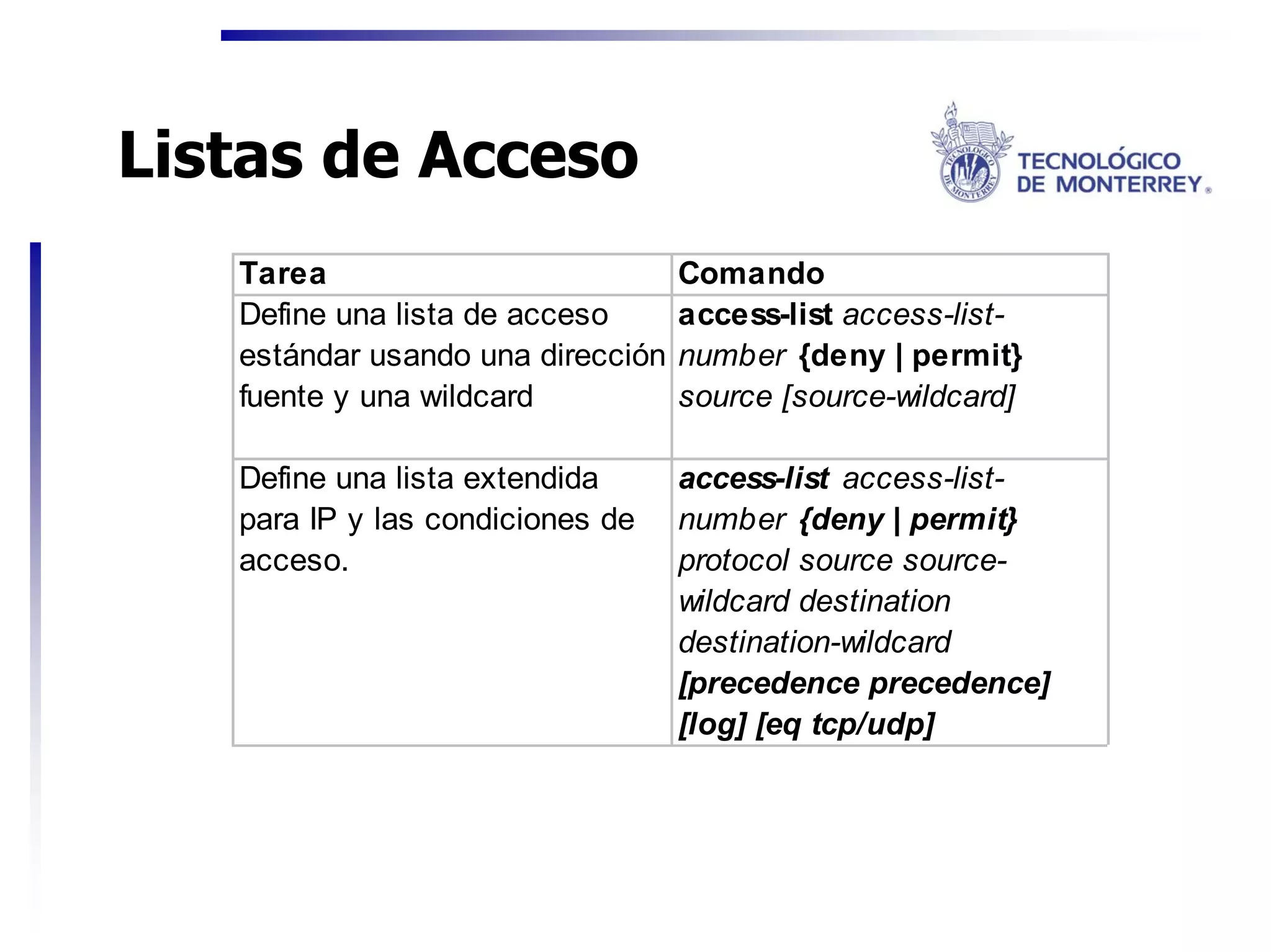 Listas de Acceso
   Tarea                           Comando
   Define una lista de acceso      access-list access-list-
   estándar usando una dirección   number {deny | permit}
   fuente y una wildcard           source [source-wildcard]

   Define una lista extendida      access-list access-list-
   para IP y las condiciones de    number {deny | permit}
   acceso.                         protocol source source-
                                   wildcard destination
                                   destination-wildcard
                                   [precedence precedence]
                                   [log] [eq tcp/udp]
 