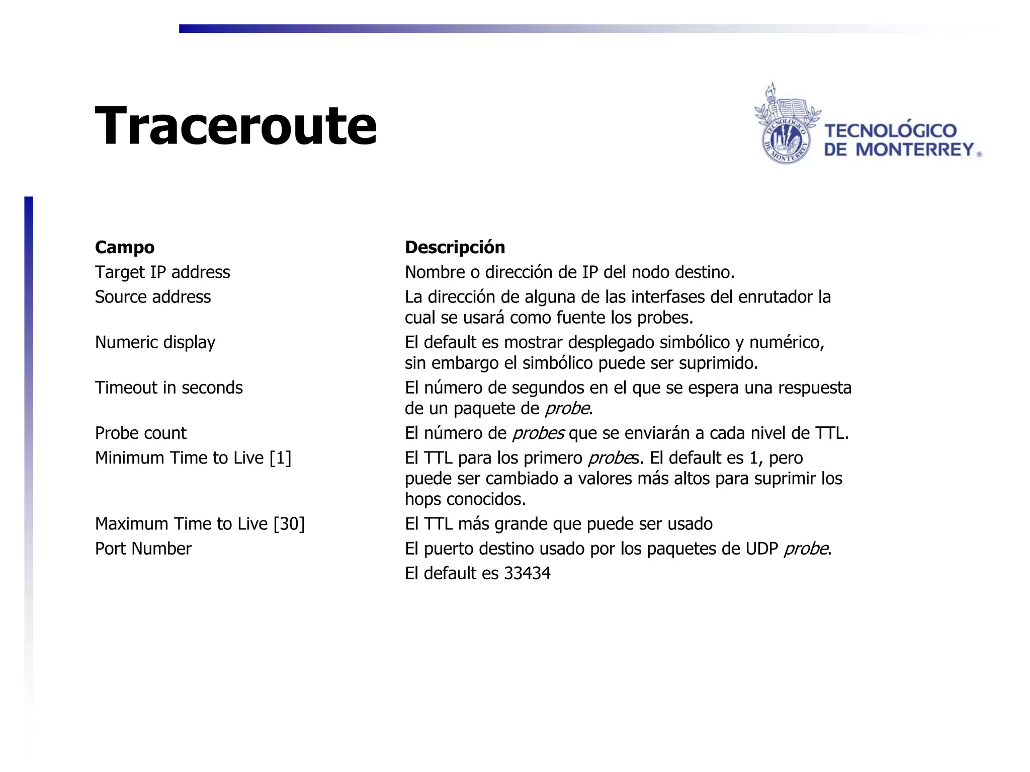 Traceroute

Campo                       Descripción
Target IP address           Nombre o dirección de IP del nodo destino.
Source address              La dirección de alguna de las interfases del enrutador la
                            cual se usará como fuente los probes.
Numeric display             El default es mostrar desplegado simbólico y numérico,
                            sin embargo el simbólico puede ser suprimido.
Timeout in seconds          El número de segundos en el que se espera una respuesta
                            de un paquete de probe.
Probe count                 El número de probes que se enviarán a cada nivel de TTL.
Minimum Time to Live [1]    El TTL para los primero probes. El default es 1, pero
                            puede ser cambiado a valores más altos para suprimir los
                            hops conocidos.
Maximum Time to Live [30]   El TTL más grande que puede ser usado
Port Number                 El puerto destino usado por los paquetes de UDP probe.
                            El default es 33434
 