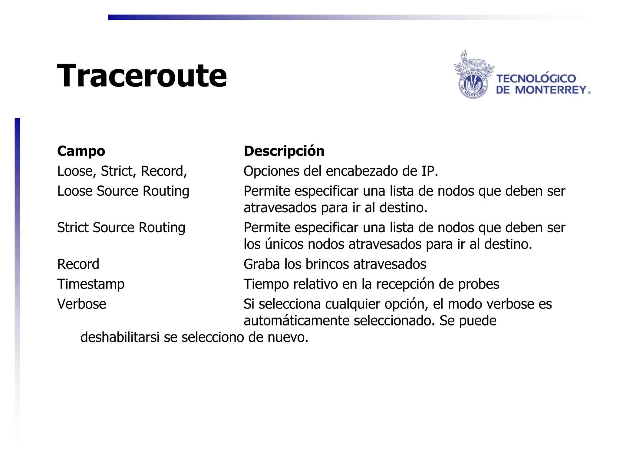 Traceroute

Campo                           Descripción
Loose, Strict, Record,          Opciones del encabezado de IP.
Loose Source Routing            Permite especificar una lista de nodos que deben ser
                                atravesados para ir al destino.
Strict Source Routing           Permite especificar una lista de nodos que deben ser
                                los únicos nodos atravesados para ir al destino.
Record                          Graba los brincos atravesados
Timestamp                       Tiempo relativo en la recepción de probes
Verbose                         Si selecciona cualquier opción, el modo verbose es
                                automáticamente seleccionado. Se puede
    deshabilitarsi se selecciono de nuevo.
 