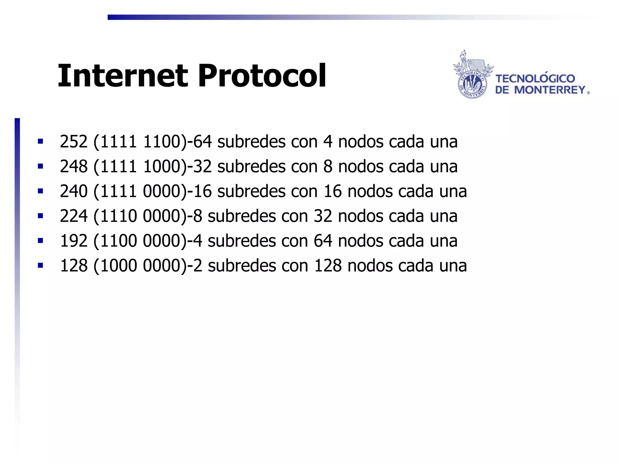 Internet Protocol
252   (1111   1100)-64 subredes con 4 nodos cada una
248   (1111   1000)-32 subredes con 8 nodos cada una
240   (1111   0000)-16 subredes con 16 nodos cada una
224   (1110   0000)-8 subredes con 32 nodos cada una
192   (1100   0000)-4 subredes con 64 nodos cada una
128   (1000   0000)-2 subredes con 128 nodos cada una
 