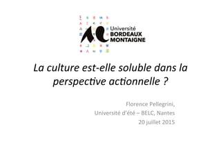 La	
  culture	
  est-­‐elle	
  soluble	
  dans	
  la	
  
perspec1ve	
  ac1onnelle	
  ?	
  
Florence	
  Pellegrini,	
  
	
  Université	
  d’été	
  –	
  BELC,	
  Nantes	
  
20	
  juillet	
  2015	
  
 