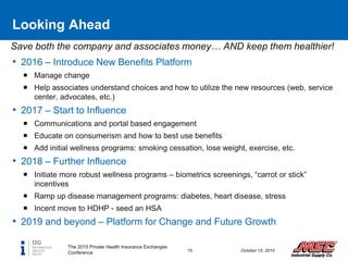 Save both the company and associates money… AND keep them healthier!
Looking Ahead
• 2016 – Introduce New Benefits Platform
 Manage change
 Help associates understand choices and how to utilize the new resources (web, service
center, advocates, etc.)
• 2017 – Start to Influence
 Communications and portal based engagement
 Educate on consumerism and how to best use benefits
 Add initial wellness programs: smoking cessation, lose weight, exercise, etc.
• 2018 – Further Influence
 Initiate more robust wellness programs – biometrics screenings, “carrot or stick”
incentives
 Ramp up disease management programs: diabetes, heart disease, stress
 Incent move to HDHP - seed an HSA
• 2019 and beyond – Platform for Change and Future Growth
The 2015 Private Health Insurance Exchanges
Conference 15 October 15, 2015
 