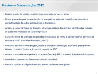 Braskem – Concentrações 2012

 Fortalecimento da relação com Clientes e ampliação de market share

 Fim da guerra dos portos e construção de uma política industrial brasileira que aumente a
   competitividade da cadeia petroquímica e de plásticos

 Ampliar a competitividade da Braskem, através da captura das sinergias identificadas, redução
   de custo fixo e elevação da taxa de operação

 Garantir o início de operação dos projetos de expansão, de forma a agregar valor às correntes já
   existentes – PVC (mai/12) e Butadieno (jul/12)

 Concluir a estruturação de project finance e avançar na construção do projeto greenfield no
   México, com início de operação previsto a partir de 2015

 Avançar nos estudos de engenharia do projeto Comperj (FEL2) e na definição de matérias-primas

 Consolidar a liderança da Braskem na química renovável

 Manter a liquidez e a higidez financeira em um cenário de crise global


                                                                                                     13
 