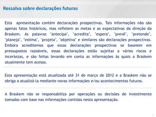 Ressalva sobre declarações futuras

Esta apresentação contém declarações prospectivas. Tais informações não são
apenas fatos históricos, mas refletem as metas e as expectativas da direção da
Braskem. As palavras "antecipa", "acredita", "espera", "prevê", "pretende",
"planeja", "estima", "projeta", "objetiva" e similares são declarações prospectivas.
Embora acreditemos que essas declarações prospectivas se baseiem em
pressupostos razoáveis, essas declarações estão sujeitas a vários riscos e
incertezas, e são feitas levando em conta as informações às quais a Braskem
atualmente tem acesso.


Esta apresentação está atualizada até 31 de março de 2012 e a Braskem não se
obriga a atualizá-la mediante novas informações e/ou acontecimentos futuros.


A Braskem não se responsabiliza por operações ou decisões de investimento
tomadas com base nas informações contidas nesta apresentação.


                                                                                       2
 
