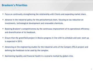 Braskem's Priorities
 Focus on continually strengthening the relationship with Clients and expanding market share.
 Advance in the industrial policy for the petrochemical chain, focusing on tax reduction on
investments, technological development and renewable chemicals.
 Boosting Braskem’s competitiveness by the continuous improvement of its operational efficiency
and diversification of its feedstock.
 Ensure that the greenfield project in Mexico progress in line with its schedule and cost: start-up
is expected in 2015.
 Advancing on the engineering studies for the industrial units of the Comperj (FEL3) project and
defining the feedstock to be used by the complex.
 Maintaining liquidity and financial health in a scenario marked by global crisis.
10
 