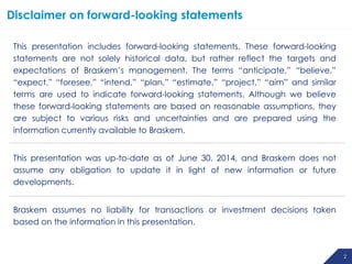 2
This presentation includes forward-looking statements. These forward-looking
statements are not solely historical data, but rather reflect the targets and
expectations of Braskem’s management. The terms “anticipate,” “believe,”
“expect,” “foresee,” “intend,” “plan,” “estimate,” “project,” “aim” and similar
terms are used to indicate forward-looking statements. Although we believe
these forward-looking statements are based on reasonable assumptions, they
are subject to various risks and uncertainties and are prepared using the
information currently available to Braskem.
This presentation was up-to-date as of June 30, 2014, and Braskem does not
assume any obligation to update it in light of new information or future
developments.
Braskem assumes no liability for transactions or investment decisions taken
based on the information in this presentation.
Disclaimer on forward-looking statements
 
