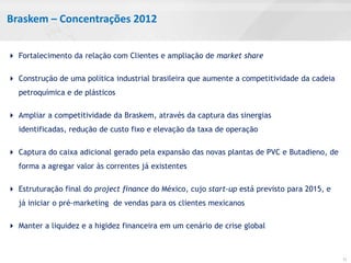 Braskem – Concentrações 2012


 Fortalecimento da relação com Clientes e ampliação de market share

 Construção de uma política industrial brasileira que aumente a competitividade da cadeia
   petroquímica e de plásticos

 Ampliar a competitividade da Braskem, através da captura das sinergias
   identificadas, redução de custo fixo e elevação da taxa de operação

 Captura do caixa adicional gerado pela expansão das novas plantas de PVC e Butadieno, de
   forma a agregar valor às correntes já existentes

 Estruturação final do project finance do México, cujo start-up está previsto para 2015, e
   já iniciar o pré-marketing de vendas para os clientes mexicanos

 Manter a liquidez e a higidez financeira em um cenário de crise global



                                                                                              11
 