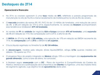 3
Destaques do 2T14
3 3
 No 2T14, os crackers operaram à uma taxa média de 84%, refletindo a parada programada de
manutenção no site de Triunfo e menor recebimento de matéria-prima no site do Rio de Janeiro.
 O mercado brasileiro de resinas (PE, PP, PVC) foi de 1,3 milhão de toneladas, uma redução de cerca
de 3% e 8% em relação ao 1T14 e 2T13, respectivamente. As vendas da Braskem acompanharam
essa tendência e totalizaram 879 mil toneladas.
 As vendas de PP da unidade de negócios EUA e Europa somaram 479 mil toneladas, uma expansão
de 4% em relação ao 1T14. Na comparação com o 2T13, a alta foi de 3%.
 O EBITDA do 2T14 foi de R$ 1.130 milhões, uma redução de 17% em relação ao EBITDA recorrente do
1T14. Na comparação com o 2T13, o EBITDA foi 6% superior.
 O lucro líquido registrado no trimestre foi de R$ 124 milhões.
 A alavancagem, medida pela relação dívida líquida/EBITDA, atingiu 2,73x quando medida em
dólares, 1% superior ao 1T14 .
 O progresso físico do projeto integrado no México atingiu 75% e a montagem dos equipamentos de
grande dimensão, como a torre de eteno, foi concluída.
 A Braskem seguiu avançando com o PIC - Plano de Incentivo à Competitividade da Cadeia do
Plástico. Destaca-se a participação da Companhia e de Clientes na Agrishow, uma das maiores feiras
do segmento agrícola, cujo objetivo foi de aproximá-los deste setor.
Operacional e financeiro
 