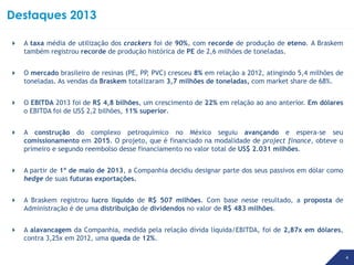 Destaques 2013
 A taxa média de utilização dos crackers foi de 90%, com recorde de produção de eteno. A Braskem
também registrou recorde de produção histórica de PE de 2,6 milhões de toneladas.
 O mercado brasileiro de resinas (PE, PP PVC) cresceu 8% em relação a 2012, atingindo 5,4 milhões de
,
toneladas. As vendas da Braskem totalizaram 3,7 milhões de toneladas, com market share de 68%.
 O EBITDA 2013 foi de R$ 4,8 bilhões, um crescimento de 22% em relação ao ano anterior. Em dólares
o EBITDA foi de US$ 2,2 bilhões, 11% superior.
 A construção do complexo petroquímico no México seguiu avançando e espera-se seu
comissionamento em 2015. O projeto, que é financiado na modalidade de project finance, obteve o
primeiro e segundo reembolso desse financiamento no valor total de US$ 2.031 milhões.
 A partir de 1º de maio de 2013, a Companhia decidiu designar parte dos seus passivos em dólar como
hedge de suas futuras exportações.
 A Braskem registrou lucro líquido de R$ 507 milhões. Com base nesse resultado, a proposta de
Administração é de uma distribuição de dividendos no valor de R$ 483 milhões.
 A alavancagem da Companhia, medida pela relação dívida líquida/EBITDA, foi de 2,87x em dólares,
contra 3,25x em 2012, uma queda de 12%.
4 4

 