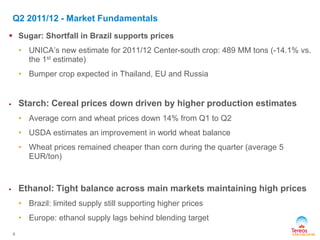 Q2 2011/12 - Market Fundamentals
 Sugar: Shortfall in Brazil supports prices
• UNICA’s new estimate for 2011/12 Center-south crop: 489 MM tons (-14.1% vs.
the 1st estimate)
• Bumper crop expected in Thailand, EU and Russia
 Starch: Cereal prices down driven by higher production estimates
• Average corn and wheat prices down 14% from Q1 to Q2
• USDA estimates an improvement in world wheat balance
• Wheat prices remained cheaper than corn during the quarter (average 5
EUR/ton)
 Ethanol: Tight balance across main markets maintaining high prices
• Brazil: limited supply still supporting higher prices
• Europe: ethanol supply lags behind blending target
6
 