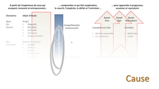 Domaines
Quoi
Où
Quand
Qui
Comment
Je
Nous
Pour Quoi
Pour Qui
Savoir
Etre
Partcroissantedel’implicite
Compréhension
Intellectuelle
&
Compréhension
Humaine
Mise à jour des facteurs explicites et implicites de la coopération:
psychologiques, sociologiques, anthropologiques, géographiques, historiques…
Mise à jour des compétences clés, conscientes et inconscientes, mobilisées par
les acteurs de la coopération.
Savoir
Reproduire
Savoir
Agir
Compétences Clés
• Décider ensemble
• Co-construire
• Relation inter-personnelle
• Relation intra-personnelle
Livrables
• Méthodes
• Outils
• Capacités
Objet d’étude
Projet
• Objectifs
• Résultats
• Contexte
• Territoire
• Environnement
Actions et Acteurs
• Décider
• Motiver
• Animer
• Transmettre
• Susciter
• Evoluer…
Identité
• Représentations
• Croyances
• Valeurs
• Motivation
• Appartenance
A partir de l’expérience de ceux qui
essayent, innovent et entreprennent…
… comprendre ce qui fait coopération,
la nourrit, l’empêche, la défait et l’entretien …
… pour apprendre à progresser,
essaimer et reproduire
Cause
 