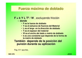 JCCHIWC 270
Fuerza máxima de doblado
F = k Y L T2 / W , excluyendo fricción
– donde
• F es la fuerza de doblado
• Y es el esfuerzo de fluencia del Material
• L es el largo en la dirección de doblado
• T es el espesor del material
• W es el ancho del dado o matriz de doblado
• k es una constante que depende de la forma de
la matriz de doblado
También depende de la posición del
punzón durante su aplicación
Pag. 511 apuntes.
 