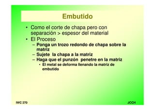 JCCHIWC 270
Embutido
• Como el corte de chapa pero con
separación > espesor del material
• El Proceso
– Ponga un trozo redondo de chapa sobre la
matriz
– Sujete la chapa a la matriz
– Haga que el punzón penetre en la matriz
• El metal se deforma llenando la matriz de
embutido
 
