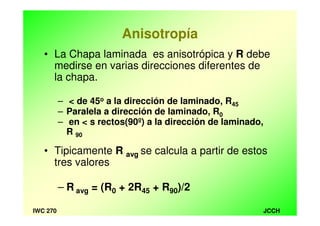JCCHIWC 270
Anisotropía
• La Chapa laminada es anisotrópica y R debe
medirse en varias direcciones diferentes de
la chapa.
– < de 45o a la dirección de laminado, R45
– Paralela a dirección de laminado, R0
– en < s rectos(90º) a la dirección de laminado,
R 90
• Tipicamente R avg se calcula a partir de estos
tres valores
– R avg = (R0 + 2R45 + R90)/2
 