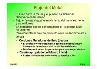 JCCHIWC 270
• El Flujo entre la matriz y el punzón es similar al
observado en trefilación.
• Bajo el “sujeta chapa” el movimiento del metal es menor
y es uniforme
• En productos que no son circulares el flujo llega a ser
no uniforme
• Para controlar el flujo en productos que no son circulares
se usa
- Cordones Guiadores de flujo (beads)
• El doblado y enderazamiento del metal mientras fluye,
incrementa la resistencia al movimiento del metal.
• Diseño y ubicación importantes para buenos productos
– Diseño apropriado del blanco inicial
• Cortar las esquinas de blancos cuadrados a 45o
Flujo del Metal
 