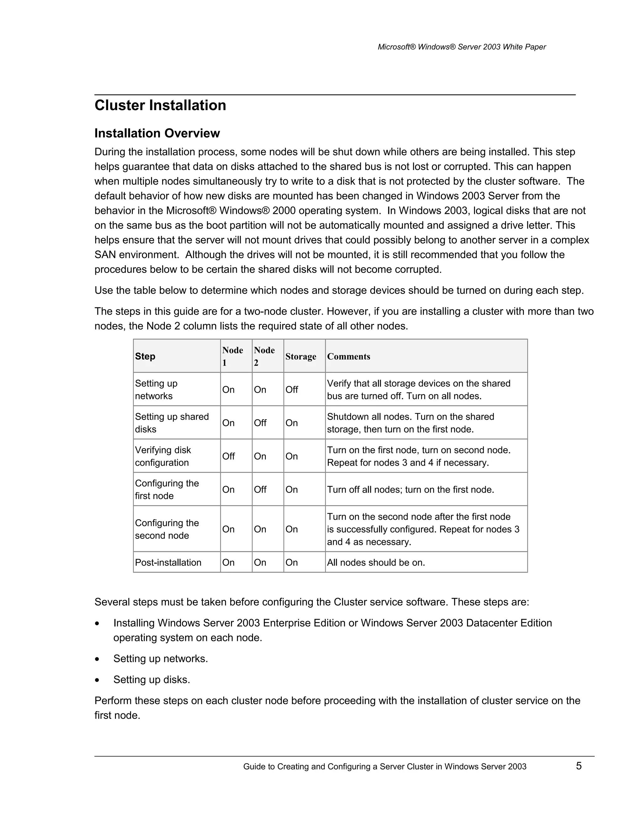Microsoft® Windows® Server 2003 White Paper
Cluster Installation
Installation Overview
During the installation process, some nodes will be shut down while others are being installed. This step
helps guarantee that data on disks attached to the shared bus is not lost or corrupted. This can happen
when multiple nodes simultaneously try to write to a disk that is not protected by the cluster software. The
default behavior of how new disks are mounted has been changed in Windows 2003 Server from the
behavior in the Microsoft® Windows® 2000 operating system. In Windows 2003, logical disks that are not
on the same bus as the boot partition will not be automatically mounted and assigned a drive letter. This
helps ensure that the server will not mount drives that could possibly belong to another server in a complex
SAN environment. Although the drives will not be mounted, it is still recommended that you follow the
procedures below to be certain the shared disks will not become corrupted.
Use the table below to determine which nodes and storage devices should be turned on during each step.
The steps in this guide are for a two-node cluster. However, if you are installing a cluster with more than two
nodes, the Node 2 column lists the required state of all other nodes.
Step
Node
1
Node
2
Storage Comments
Setting up
networks
On On Off
Verify that all storage devices on the shared
bus are turned off. Turn on all nodes.
Setting up shared
disks
On Off On
Shutdown all nodes. Turn on the shared
storage, then turn on the first node.
Verifying disk
configuration
Off On On
Turn on the first node, turn on second node.
Repeat for nodes 3 and 4 if necessary.
Configuring the
first node
On Off On Turn off all nodes; turn on the first node.
Configuring the
second node
On On On
Turn on the second node after the first node
is successfully configured. Repeat for nodes 3
and 4 as necessary.
Post-installation On On On All nodes should be on.
Several steps must be taken before configuring the Cluster service software. These steps are:
• Installing Windows Server 2003 Enterprise Edition or Windows Server 2003 Datacenter Edition
operating system on each node.
• Setting up networks.
• Setting up disks.
Perform these steps on each cluster node before proceeding with the installation of cluster service on the
first node.
Guide to Creating and Configuring a Server Cluster in Windows Server 2003 5
 