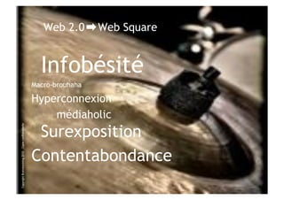 Web 2.0       Web Square


                                                        Infobésité
                                                      Macro-brouhaha

                                                      Hyperconnexion
                                                          médiaholic
                                                       Surexposition
Copyright Brainstorming 2010 – Copie confidentielle




                                                      Contentabondance
 