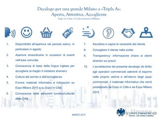 MARZO 2015
Decalogo per una grande Milano a ?Tripla A?:
Aperta, Attrattiva, Accogliente
Expo in Citt e Confcommercio Milano
1. Disponibilit allapertura nel periodo estivo, in
particolare in agosto
2. Aperture straordinarie in occasioni di eventi
nellarea coinvolta
3. Conoscenza di base della lingua inglese per
accogliere al meglio il visitatore straniero
4. Cultura del sorriso e dellaccoglienza
5. Fornire materiali informativi e indicazioni su
Expo Milano 2015 e su Expo in Citt
6. Conoscenza delle attrazioni turistico/culturali
della Citt
7. Ascoltare e capire le necessit del cliente
8. Consigliare il cliente nella scelta
9. Transparency: informazione chiara ai clienti
stranieri sui prezzi
10. Laccettazione del presente decalogo d diritto
agli operatori commerciali aderenti di esporre
nelle proprie vetrine e allinterno degli spazi
commerciali, il materiale informativo che verr
predisposto da Expo in Citt e da Expo Milano
2015
 