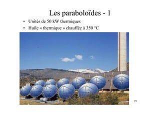 29
Les paraboloïdes - 1
• Unités de 50 kW thermiques
• Huile « thermique » chauffée à 350 °C
 