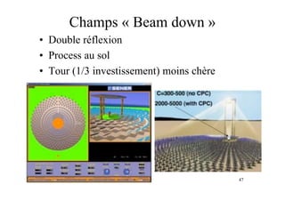 47
Champs « Beam down »
• Double réflexion
• Process au sol
• Tour (1/3 investissement) moins chère
 