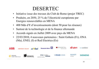 55
DESERTEC
• Initiative issue des travaux du Club de Rome (projet TREC)
• Produire, en 2050, 25 % de l’électricité européenne par
Energies renouvelables en MENA
• 400 Mds d’! d’investissements (dont 50 pour les réseaux)
• Surtout de la technologie et de la finance allemande
• Accords signés en Juillet 2009 avec pays du MENA
• 22/03/2010, 4 nouveaux partenaires : Saint Gobain (Fr), ONA
(Ma), ENEL (I) et Red Electrica (Es)
 