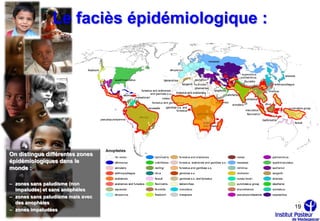 Le faciès épidémiologique :




On distingue différentes zones
épidémiologiques dans le
monde :

– zones sans paludisme (non
  impaludée) et sans anophèles
– zones sans paludisme mais avec
  des anophèles
– zones impaludées
                                              19
 