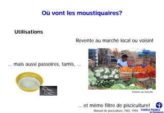 Où vont les moustiquaires?


  Utilisations
                             Revente au marché local ou voisin!



… mais aussi passoires, tamis, …




                                                                 Femme au marché




                              … et même filtre de pisciculture!
                                     Manuel de pisciculture, FAO, 1994
 