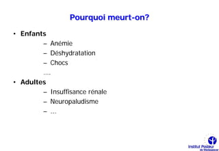 Pourquoi meurt-on?

• Enfants
        – Anémie
        – Déshydratation
        – Chocs
        ….
• Adultes
        – Insuffisance rénale
        – Neuropaludisme
        – ...
 