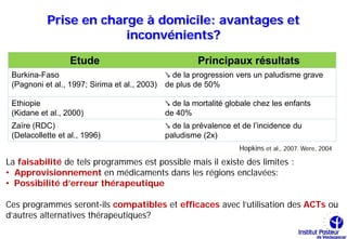 Prise en charge à domicile: avantages et
                        inconvénients?


                                               ↘ de la progression vers un paludisme grave
                  Etude                                 Principaux résultats
 Burkina-Faso


                                               ↘ de la mortalité globale chez les enfants
 (Pagnoni et al., 1997; Sirima et al., 2003)   de plus de 50%

 Ethiopie

                                               ↘ de la prévalence et de l’incidence du
 (Kidane et al., 2000)                         de 40%
 Zaïre (RDC)
 (Delacollette et al., 1996)                   paludisme (2x)
                                                                    Hopkins et al., 2007. Were, 2004

La faisabilité de tels programmes est possible mais il existe des limites :
• Approvisionnement en médicaments dans les régions enclavées:
• Possibilité d’erreur thérapeutique

Ces programmes seront-ils compatibles et efficaces avec l’utilisation des ACTs ou
d’autres alternatives thérapeutiques?
 