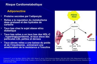 Proteine secretee par l’adipocyte Reliee a la regulation du metabolisme deas graisses et des hydrates de carbone  Taux bas chez le sujet obese et/ou diabetique Taux bas relies a un taux bas des HDL-C , hypertriglyceridemie, at taux eleve des particules LDL petites et denses Taux eleves relies a une baisse du poids et de l’insulinemie , entrainant une amelioration de la resistance a l’insuline  Yamauchi T, et al.  Nat Med . 2002;8:1288–1295. Weyer C, et al.  J Clin Endocrinol Metab . 2001;86:1930–1935. Matsubara M, et al.  J Clin Endocrinol Metab . 2002;87:2764–2769. Fruebis J, et al.  Proc Natl Acad Sci. USA.  2001;98:2005–2010. Chandran M, et al.  Diabetes Care  2003;26:2442–2450. Adiponectine   Risque Cardiometabolique   Adipose tissue 