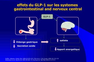 Vidange gastrique Secretion acide GLP-1 Kieffer, Habener.  Endocr Rev  1999;20:876–913. Flint  et al. J Clin Invest  1998;101:515–20  Wettergren  et al. Dig Dis Sci  1993;38:665–73. During  et al. Nat Med  2003;9:1173–9 satiete Apport energetique effets du GLP-1   sur les systemes  gastrointestinal and nerveux central 