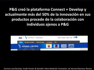 P&G creó la plataforma Connect + Develop y
actualmente más del 50% de la innovación en sus
productos procede de la colabor...