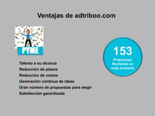 Ventajas de adtriboo.com

PYME
 Talento a su alcance
 Reducción de plazos
 Reducción de costes
 Generación continua de...