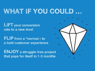FLIP from a “normal » to
a bold customer experience
LIFT your conversion
rate to a new level
ENJOY a struggle-free project
that pays for itself in 1-3 months
WHAT IF YOU COULD …
 