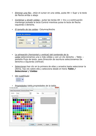 •

Eliminar una fila:, sitúe el cursor en una celda, pulse Alt + Supr y la tecla
de flecha arriba o abajo

•

Combinar y dividir celdas:, pulse las teclas Alt + Ins y a continuación
mantenga pulsada la tecla Control mientras pulsa la tecla de flecha
izquierda o derecha.

•

El tamaño de las celdas: Columna/Ancho

•

La alineación (horizontal y vertical) del contenido de la
celda:seleccionamos una o más celdas y con un clic derecho → Tabla →
pestaña Flujo de texto, para Dirección de escritura seleccionamos De
derecha a izquierda (vertical)

•

Seleccionar:haz clic en la primera de ellas y arrastra hasta seleccionar la
última. haz clic sobre ella y selecciona desde el menú Tabla /
Seleccionar / Celdas

•

Ver cuadrícula:

•

Propiedades:tabla,propiedades de la tabla.

 