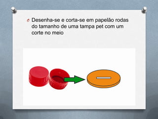 O Desenha-se e corta-se em papelão rodas
 do tamanho de uma tampa pet com um
 corte no meio
 