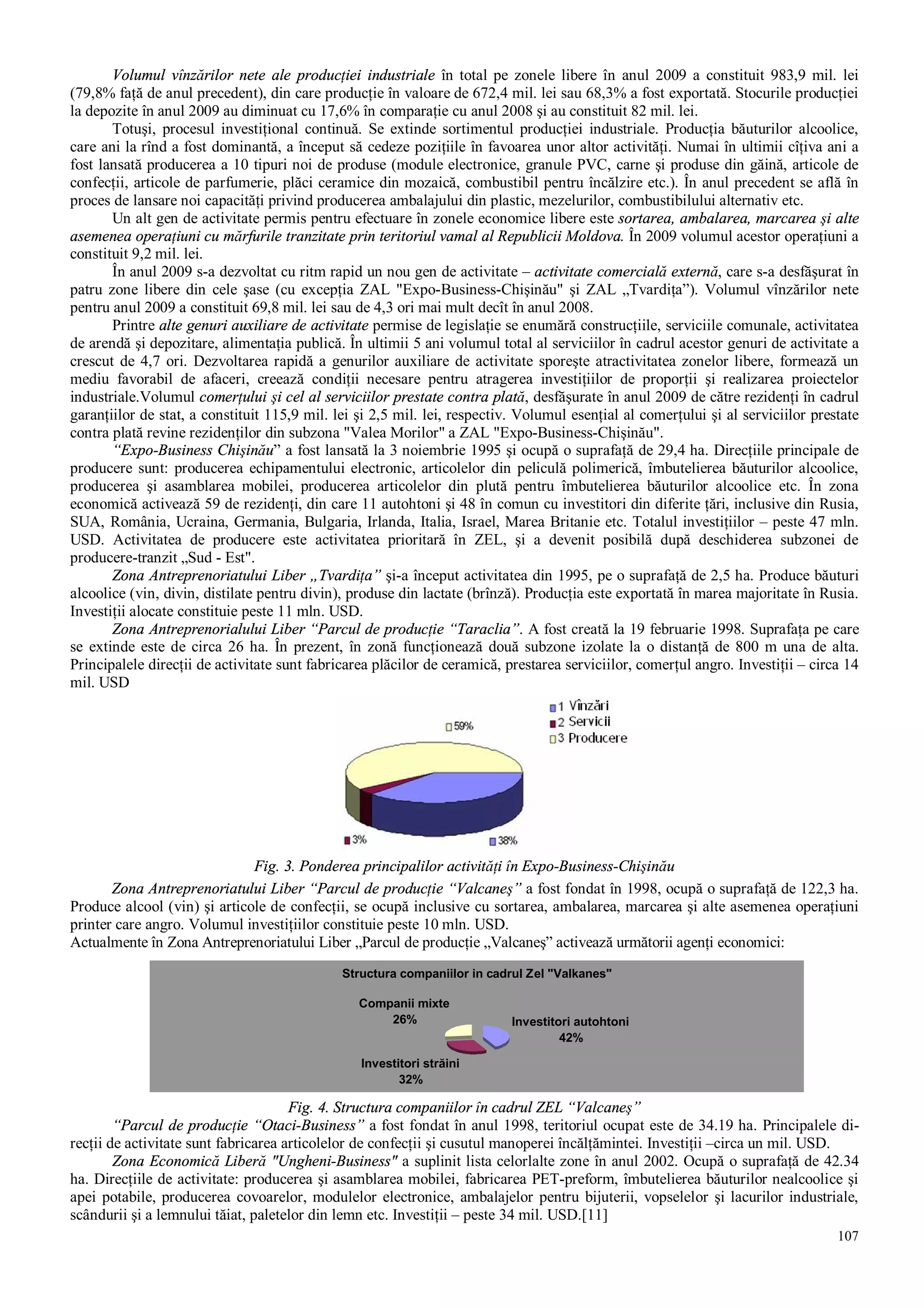 107
Volumul vînzărilor nete ale producţiei industriale în total pe zonele libere în anul 2009 a constituit 983,9 mil. lei
(79,8% faţă de anul precedent), din care producţie în valoare de 672,4 mil. lei sau 68,3% a fost exportată. Stocurile producţiei
la depozite în anul 2009 au diminuat cu 17,6% în comparaţie cu anul 2008 şi au constituit 82 mil. lei.
Totuşi, procesul investiţional continuă. Se extinde sortimentul producţiei industriale. Producţia băuturilor alcoolice,
care ani la rînd a fost dominantă, a început să cedeze poziţiile în favoarea unor altor activităţi. Numai în ultimii cîţiva ani a
fost lansată producerea a 10 tipuri noi de produse (module electronice, granule PVC, carne şi produse din găină, articole de
confecţii, articole de parfumerie, plăci ceramice din mozaică, combustibil pentru încălzire etc.). În anul precedent se află în
proces de lansare noi capacităţi privind producerea ambalajului din plastic, mezelurilor, combustibilului alternativ etc.
Un alt gen de activitate permis pentru efectuare în zonele economice libere este sortarea, ambalarea, marcarea şi alte
asemenea operaţiuni cu mărfurile tranzitate prin teritoriul vamal al Republicii Moldova. În 2009 volumul acestor operaţiuni a
constituit 9,2 mil. lei.
În anul 2009 s-a dezvoltat cu ritm rapid un nou gen de activitate – activitate comercială externă, care s-a desfăşurat în
patru zone libere din cele şase (cu excepţia ZAL "Expo-Business-Chişinău" şi ZAL „Tvardiţa”). Volumul vînzărilor nete
pentru anul 2009 a constituit 69,8 mil. lei sau de 4,3 ori mai mult decît în anul 2008.
Printre alte genuri auxiliare de activitate permise de legislaţie se enumără construcţiile, serviciile comunale, activitatea
de arendă şi depozitare, alimentaţia publică. În ultimii 5 ani volumul total al serviciilor în cadrul acestor genuri de activitate a
crescut de 4,7 ori. Dezvoltarea rapidă a genurilor auxiliare de activitate sporeşte atractivitatea zonelor libere, formează un
mediu favorabil de afaceri, creează condiţii necesare pentru atragerea investiţiilor de proporţii şi realizarea proiectelor
industriale.Volumul comerţului şi cel al serviciilor prestate contra plată, desfăşurate în anul 2009 de către rezidenţi în cadrul
garanţiilor de stat, a constituit 115,9 mil. lei şi 2,5 mil. lei, respectiv. Volumul esenţial al comerţului şi al serviciilor prestate
contra plată revine rezidenţilor din subzona "Valea Morilor" a ZAL "Expo-Business-Chişinău".
“Expo-Business Chişinău” a fost lansată la 3 noiembrie 1995 şi ocupă o suprafaţă de 29,4 ha. Direcţiile principale de
producere sunt: producerea echipamentului electronic, articolelor din peliculă polimerică, îmbutelierea băuturilor alcoolice,
producerea şi asamblarea mobilei, producerea articolelor din plută pentru îmbutelierea băuturilor alcoolice etc. În zona
economică activează 59 de rezidenţi, din care 11 autohtoni şi 48 în comun cu investitori din diferite ţări, inclusive din Rusia,
SUA, România, Ucraina, Germania, Bulgaria, Irlanda, Italia, Israel, Marea Britanie etc. Totalul investiţiilor – peste 47 mln.
USD. Activitatea de producere este activitatea prioritară în ZEL, şi a devenit posibilă după deschiderea subzonei de
producere-tranzit „Sud - Est".
Zona Antreprenoriatului Liber „Tvardiţa” şi-a început activitatea din 1995, pe o suprafaţă de 2,5 ha. Produce băuturi
alcoolice (vin, divin, distilate pentru divin), produse din lactate (brînză). Producţia este exportată în marea majoritate în Rusia.
Investiţii alocate constituie peste 11 mln. USD.
Zona Antreprenorialului Liber “Parcul de producţie “Taraclia”. A fost creată la 19 februarie 1998. Suprafaţa pe care
se extinde este de circa 26 ha. În prezent, în zonă funcţionează două subzone izolate la o distanţă de 800 m una de alta.
Principalele direcţii de activitate sunt fabricarea plăcilor de ceramică, prestarea serviciilor, comerţul angro. Investiţii – circa 14
mil. USD
Fig. 3. Ponderea principalilor activităţi în Expo-Business-Chişinău
Zona Antreprenoriatului Liber “Parcul de producţie “Valcaneş” a fost fondat în 1998, ocupă o suprafaţă de 122,3 ha.
Produce alcool (vin) şi articole de confecţii, se ocupă inclusive cu sortarea, ambalarea, marcarea şi alte asemenea operaţiuni
printer care angro. Volumul investiţiilor constituie peste 10 mln. USD.
Actualmente în Zona Antreprenoriatului Liber „Parcul de producţie „Valcaneş” activează următorii agenţi economici:
Fig. 4. Structura companiilor în cadrul ZEL “Valcaneş”
“Parcul de producţie “Otaci-Business” a fost fondat în anul 1998, teritoriul ocupat este de 34.19 ha. Principalele di-
recţii de activitate sunt fabricarea articolelor de confecţii şi cusutul manoperei încălţămintei. Investiţii –circa un mil. USD.
Zona Economică Liberă "Ungheni-Business" a suplinit lista celorlalte zone în anul 2002. Ocupă o suprafaţă de 42.34
ha. Direcţiile de activitate: producerea şi asamblarea mobilei, fabricarea PET-preform, îmbutelierea băuturilor nealcoolice şi
apei potabile, producerea covoarelor, modulelor electronice, ambalajelor pentru bijuterii, vopselelor şi lacurilor industriale,
scândurii şi a lemnului tăiat, paletelor din lemn etc. Investiţii – peste 34 mil. USD.[11]
Structura companiilor in cadrul Zel "Valkanes"
Investitori autohtoni
42%
Investitori străini
32%
Companii mixte
26%
 