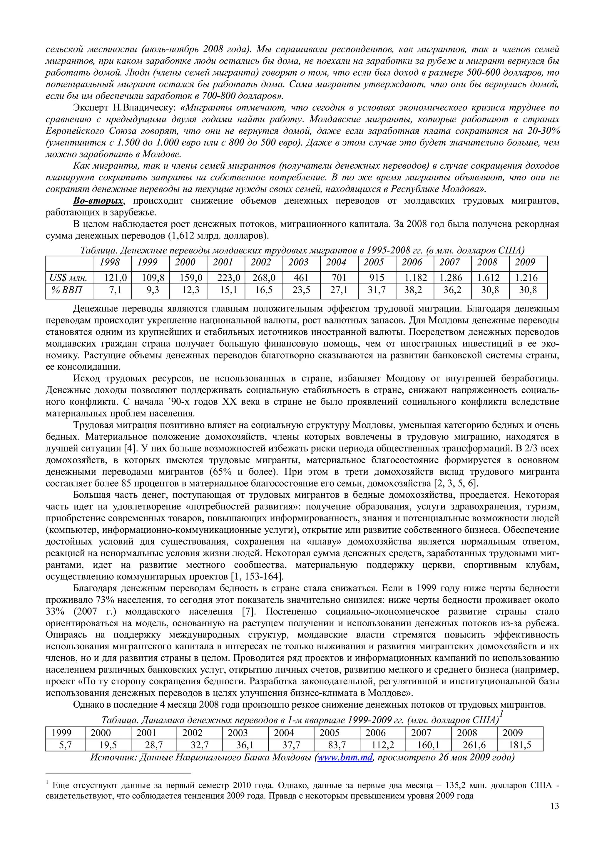 13
сельской местности (июль-ноябрь 2008 года). Мы спрашивали респондентов, как мигрантов, так и членов семей
мигрантов, при каком заработке люди остались бы дома, не поехали на заработки за рубеж и мигрант вернулся бы
работать домой. Люди (члены семей мигранта) говорят о том, что если был доход в размере 500-600 долларов, то
потенциальный мигрант остался бы работать дома. Сами мигранты утверждают, что они бы вернулись домой,
если бы им обеспечили заработок в 700-800 долларов».
Эксперт Н.Владическу: «Мигранты отмечают, что сегодня в условиях экономического кризиса труднее по
сравнению с предыдущими двумя годами найти работу. Молдавские мигранты, которые работают в странах
Европейского Союза говорят, что они не вернутся домой, даже если заработная плата сократится на 20-30%
(ументшится с 1.500 до 1.000 евро или с 800 до 500 евро). Даже в этом случае это будет значительно больше, чем
можно заработать в Молдове.
Как мигранты, так и члены семей мигрантов (получатели денежных переводов) в случае сокращения доходов
планируют сократить затраты на собственное потребление. В то же время мигранты объявляют, что они не
сократят денежные переводы на текущие нужды своих семей, находящихся в Республике Молдова».
Во-вторых, происходит снижение объемов денежных переводов от молдавских трудовых мигрантов,
работающих в зарубежье.
В целом наблюдается рост денежных потоков, миграционного капитала. За 2008 год была получена рекордная
сумма денежных переводов (1,612 млрд. долларов).
Таблица. Денежные переводы молдавских трудовых мигрантов в 1995-2008 гг. (в млн. долларов США)
1998 1999 2000 2001 2002 2003 2004 2005 2006 2007 2008 2009
US$ млн. 121,0 109,8 159,0 223,0 268,0 461 701 915 1.182 1.286 1.612 1.216
% ВВП 7,1 9,3 12,3 15,1 16,5 23,5 27,1 31,7 38,2 36,2 30,8 30,8
Денежные переводы являются главным положительным эффектом трудовой миграции. Благодаря денежным
переводам происходит укрепление национальной валюты, рост валютных запасов. Для Молдовы денежные переводы
становятся одним из крупнейших и стабильных источников иностранной валюты. Посредством денежных переводов
молдавских граждан страна получает большую финансовую помощь, чем от иностранных инвестиций в ее эко-
номику. Растущие объемы денежных переводов благотворно сказываются на развитии банковской системы страны,
ее консолидации.
Исход трудовых ресурсов, не использованных в стране, избавляет Молдову от внутренней безработицы.
Денежные доходы позволяют поддерживать социальную стабильность в стране, снижают напряженность социаль-
ного конфликта. С начала ’90-х годов ХХ века в стране не было проявлений социального конфликта вследствие
материальных проблем населения.
Трудовая миграция позитивно влияет на социальную структуру Молдовы, уменьшая категорию бедных и очень
бедных. Материальное положение домохозяйств, члены которых вовлечены в трудовую миграцию, находятся в
лучшей ситуации [4]. У них больше возможностей избежать риски периода общественных трансформаций. В 2/3 всех
домохозяйств, в которых имеются трудовые мигранты, материальное благосостояние формируется в основном
денежными переводами мигрантов (65% и более). При этом в трети домохозяйств вклад трудового мигранта
составляет более 85 процентов в материальное благосостояние его семьи, домохозяйства [2, 3, 5, 6].
Большая часть денег, поступающая от трудовых мигрантов в бедные домохозяйства, проедается. Некоторая
часть идет на удовлетворение «потребностей развития»: получение образования, услуги здравохранения, туризм,
приобретение современных товаров, повышающих информированность, знания и потенциальные возможности людей
(компьютер, информационно-коммуникационные услуги), открытие или развитие собственного бизнеса. Обеспечение
достойных условий для существования, сохранения на «плаву» домохозяйства является нормальным ответом,
реакцией на ненормальные условия жизни людей. Некоторая сумма денежных средств, заработанных трудовыми миг-
рантами, идет на развитие местного сообщества, материальную поддержку церкви, спортивным клубам,
осуществлению коммунитарных проектов [1, 153-164].
Благодаря денежным переводам бедность в стране стала снижаться. Если в 1999 году ниже черты бедности
проживало 73% населения, то сегодня этот показатель значительно снизился: ниже черты бедности проживает около
33% (2007 г.) молдавского населения [7]. Постепенно социально-экономиечское развитие страны стало
ориентироваться на модель, основанную на растущем получении и использовании денежных потоков из-за рубежа.
Опираясь на поддержку международных структур, молдавские власти стремятся повысить эффективность
использования мигрантского капитала в интересах не только выживания и развития мигрантских домохозяйств и их
членов, но и для развития страны в целом. Проводится ряд проектов и информационных кампаний по использованию
населением различных банковских услуг, открытию личных счетов, развитию мелкого и среднего бизнеса (например,
проект «По ту сторону сокращения бедности. Разработка законодательной, регулятивной и институциональной базы
использования денежных переводов в целях улучшения бизнес-климата в Молдове».
Однако в последние 4 месяца 2008 года произошло резкое снижение денежных потоков от трудовых мигрантов.
Таблица. Динамика денежных переводов в 1-м квартале 1999-2009 гг. (млн. долларов США)
1
1999 2000 2001 2002 2003 2004 2005 2006 2007 2008 2009
5,7 19,5 28,7 32,7 36,1 37,7 83,7 112,2 160,1 261,6 181,5
Источник: Данные Национального Банка Молдовы (www.bnm.md, просмотрено 26 мая 2009 года)
1
Еще отсуствуют данные за первый семестр 2010 года. Однако, данные за первые два месяца – 135,2 млн. долларов США -
свидетельствуют, что соблюдается тенденция 2009 года. Правда с некоторым превышением уровня 2009 года
 