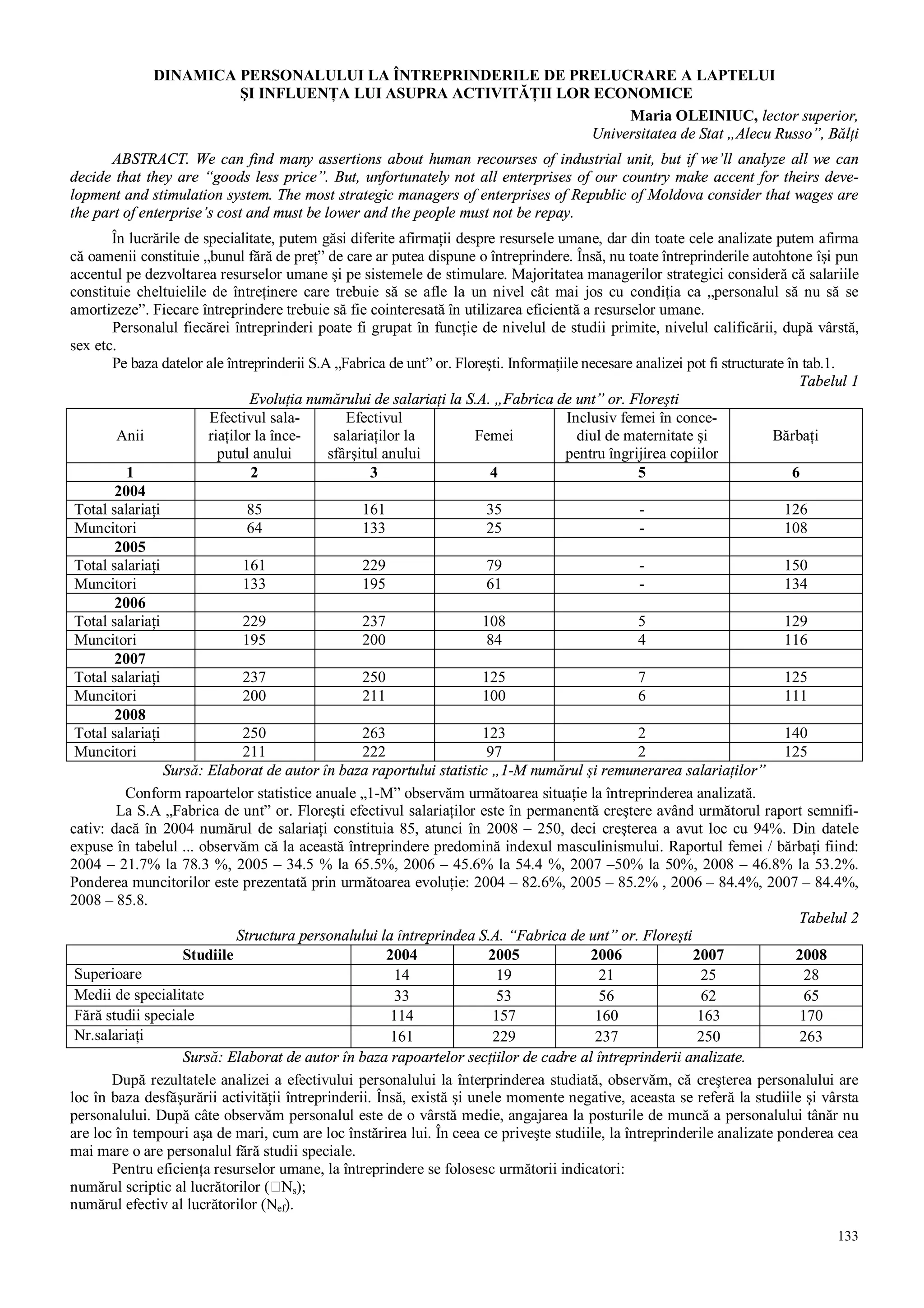 133
DINAMICA PERSONALULUI LA ÎNTREPRINDERILE DE PRELUCRARE A LAPTELUI
ŞI INFLUENŢA LUI ASUPRA ACTIVITĂŢII LOR ECONOMICE
Maria OLEINIUC, lector superior,
Universitatea de Stat „Alecu Russo”, Bălţi
ABSTRACT. We can find many assertions about human recourses of industrial unit, but if we’ll analyze all we can
decide that they are “goods less price”. But, unfortunately not all enterprises of our country make accent for theirs deve-
lopment and stimulation system. The most strategic managers of enterprises of Republic of Moldova consider that wages are
the part of enterprise’s cost and must be lower and the people must not be repay.
În lucrările de specialitate, putem găsi diferite afirmaţii despre resursele umane, dar din toate cele analizate putem afirma
că oamenii constituie „bunul fără de preţ” de care ar putea dispune o întreprindere. Însă, nu toate întreprinderile autohtone îşi pun
accentul pe dezvoltarea resurselor umane şi pe sistemele de stimulare. Majoritatea managerilor strategici consideră că salariile
constituie cheltuielile de întreţinere care trebuie să se afle la un nivel cât mai jos cu condiţia ca „personalul să nu să se
amortizeze”. Fiecare întreprindere trebuie să fie cointeresată în utilizarea eficientă a resurselor umane.
Personalul fiecărei întreprinderi poate fi grupat în funcţie de nivelul de studii primite, nivelul calificării, după vârstă,
sex etc.
Pe baza datelor ale întreprinderii S.A „Fabrica de unt” or. Floreşti. Informaţiile necesare analizei pot fi structurate în tab.1.
Tabelul 1
Evoluţia numărului de salariaţi la S.A. „Fabrica de unt” or. Floreşti
Anii
Efectivul sala-
riaţilor la înce-
putul anului
Efectivul
salariaţilor la
sfârşitul anului
Femei
Inclusiv femei în conce-
diul de maternitate şi
pentru îngrijirea copiilor
Bărbaţi
1 2 3 4 5 6
2004
Total salariaţi 85 161 35 - 126
Muncitori 64 133 25 - 108
2005
Total salariaţi 161 229 79 - 150
Muncitori 133 195 61 - 134
2006
Total salariaţi 229 237 108 5 129
Muncitori 195 200 84 4 116
2007
Total salariaţi 237 250 125 7 125
Muncitori 200 211 100 6 111
2008
Total salariaţi 250 263 123 2 140
Muncitori 211 222 97 2 125
Sursă: Elaborat de autor în baza raportului statistic „1-M numărul şi remunerarea salariaţilor”
Conform rapoartelor statistice anuale „1-M” observăm următoarea situaţie la întreprinderea analizată.
La S.A „Fabrica de unt” or. Floreşti efectivul salariaţilor este în permanentă creştere având următorul raport semnifi-
cativ: dacă în 2004 numărul de salariaţi constituia 85, atunci în 2008 – 250, deci creşterea a avut loc cu 94%. Din datele
expuse în tabelul ... observăm că la această întreprindere predomină indexul masculinismului. Raportul femei / bărbaţi fiind:
2004 – 21.7% la 78.3 %, 2005 – 34.5 % la 65.5%, 2006 – 45.6% la 54.4 %, 2007 –50% la 50%, 2008 – 46.8% la 53.2%.
Ponderea muncitorilor este prezentată prin următoarea evoluţie: 2004 – 82.6%, 2005 – 85.2% , 2006 – 84.4%, 2007 – 84.4%,
2008 – 85.8.
Tabelul 2
Structura personalului la întreprindea S.A. “Fabrica de unt” or. Floreşti
Studiile 2004 2005 2006 2007 2008
Superioare 14 19 21 25 28
Medii de specialitate 33 53 56 62 65
Fără studii speciale 114 157 160 163 170
Nr.salariaţi 161 229 237 250 263
Sursă: Elaborat de autor în baza rapoartelor secţiilor de cadre al întreprinderii analizate.
După rezultatele analizei a efectivului personalului la înterprinderea studiată, observăm, că creşterea personalului are
loc în baza desfăşurării activităţii întreprinderii. Însă, există şi unele momente negative, aceasta se referă la studiile şi vârsta
personalului. După câte observăm personalul este de o vârstă medie, angajarea la posturile de muncă a personalului tânăr nu
are loc în tempouri aşa de mari, cum are loc înstărirea lui. În ceea ce priveşte studiile, la întreprinderile analizate ponderea cea
mai mare o are personalul fără studii speciale.
Pentru eficienţa resurselor umane, la întreprindere se folosesc următorii indicatori:
numărul scriptic al lucrătorilor ( Ns);
numărul efectiv al lucrătorilor (Nef).
 