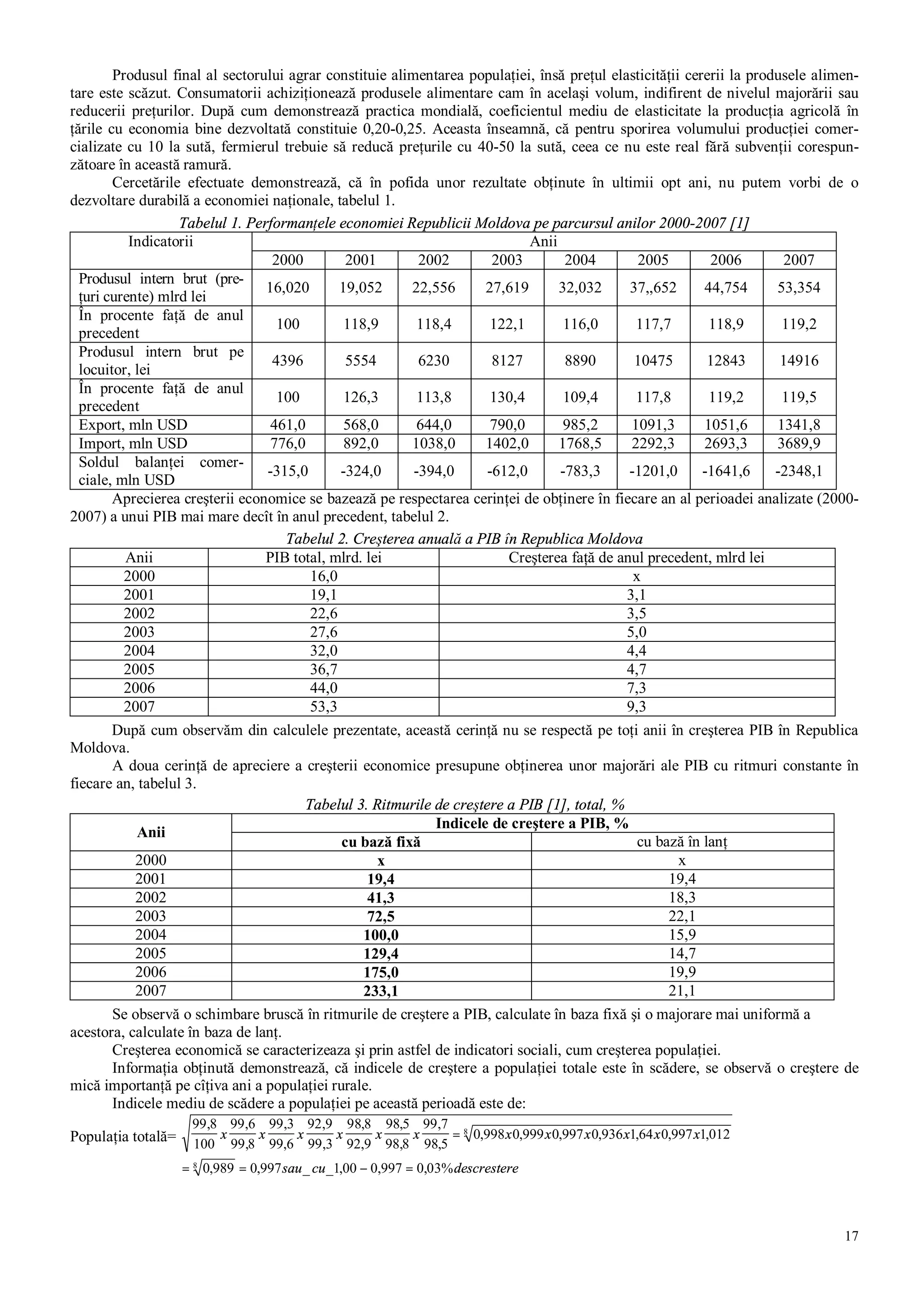 17
Produsul final al sectorului agrar constituie alimentarea populaţiei, însă preţul elasticităţii cererii la produsele alimen-
tare este scăzut. Consumatorii achiziţionează produsele alimentare cam în acelaşi volum, indifirent de nivelul majorării sau
reducerii preţurilor. După cum demonstrează practica mondială, coeficientul mediu de elasticitate la producţia agricolă în
ţările cu economia bine dezvoltată constituie 0,20-0,25. Aceasta înseamnă, că pentru sporirea volumului producţiei comer-
cializate cu 10 la sută, fermierul trebuie să reducă preţurile cu 40-50 la sută, ceea ce nu este real fără subvenţii corespun-
zătoare în această ramură.
Cercetările efectuate demonstrează, că în pofida unor rezultate obţinute în ultimii opt ani, nu putem vorbi de o
dezvoltare durabilă a economiei naţionale, tabelul 1.
Tabelul 1. Performanţele economiei Republicii Moldova pe parcursul anilor 2000-2007 [1]
AniiIndicatorii
2000 2001 2002 2003 2004 2005 2006 2007
Produsul intern brut (pre-
ţuri curente) mlrd lei
16,020 19,052 22,556 27,619 32,032 37,,652 44,754 53,354
În procente faţă de anul
precedent
100 118,9 118,4 122,1 116,0 117,7 118,9 119,2
Produsul intern brut pe
locuitor, lei
4396 5554 6230 8127 8890 10475 12843 14916
În procente faţă de anul
precedent
100 126,3 113,8 130,4 109,4 117,8 119,2 119,5
Export, mln USD 461,0 568,0 644,0 790,0 985,2 1091,3 1051,6 1341,8
Import, mln USD 776,0 892,0 1038,0 1402,0 1768,5 2292,3 2693,3 3689,9
Soldul balanţei comer-
ciale, mln USD
-315,0 -324,0 -394,0 -612,0 -783,3 -1201,0 -1641,6 -2348,1
Aprecierea creşterii economice se bazează pe respectarea cerinţei de obţinere în fiecare an al perioadei analizate (2000-
2007) a unui PIB mai mare decît în anul precedent, tabelul 2.
Tabelul 2. Creşterea anuală a PIB în Republica Moldova
Anii PIB total, mlrd. lei Creşterea faţă de anul precedent, mlrd lei
2000 16,0 x
2001 19,1 3,1
2002 22,6 3,5
2003 27,6 5,0
2004 32,0 4,4
2005 36,7 4,7
2006 44,0 7,3
2007 53,3 9,3
După cum observăm din calculele prezentate, această cerinţă nu se respectă pe toţi anii în creşterea PIB în Republica
Moldova.
A doua cerinţă de apreciere a creşterii economice presupune obţinerea unor majorări ale PIB cu ritmuri constante în
fiecare an, tabelul 3.
Tabelul 3. Ritmurile de creştere a PIB [1], total, %
Indicele de creştere a PIB, %
Anii
cu bază fixă cu bază în lanţ
2000 x x
2001 19,4 19,4
2002 41,3 18,3
2003 72,5 22,1
2004 100,0 15,9
2005 129,4 14,7
2006 175,0 19,9
2007 233,1 21,1
Se observă o schimbare bruscă în ritmurile de creştere a PIB, calculate în baza fixă şi o majorare mai uniformă a
acestora, calculate în baza de lanţ.
Creşterea economică se caracterizeaza şi prin astfel de indicatori sociali, cum creşterea populaţiei.
Informaţia obţinută demonstrează, că indicele de creştere a populaţiei totale este în scădere, se observă o creştere de
mică importanţă pe cîţiva ani a populaţiei rurale.
Indicele mediu de scădere a populaţiei pe această perioadă este de:
Populaţia totală=
99 8
100
99 6
99 8
99 3
99 6
92 9
99 3
98 8
92 9
98 5
98 8
99 7
98 5
0 998 0 999 0 997 0 936 1 64 0 997 1 012
0 989 0 997 1 00 0 997 0 03%
8
8
, ,
,
,
,
,
,
,
,
,
,
,
,
, , , , , , ,
, , _ _ , , ,
x x x x x x x x x x x x
sau cu descrestere
=
= = − =
 