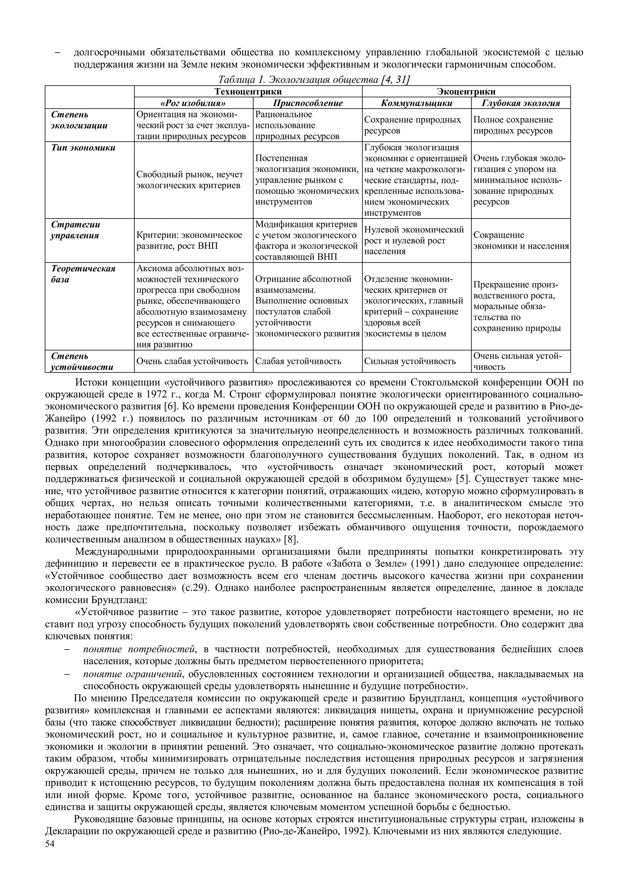 54
− долгосрочными обязательствами общества по комплексному управлению глобальной экосистемой с целью
поддержания жизни на Земле неким экономически эффективным и экологически гармоничным способом.
Таблица 1. Экологизация общества [4, 31]
Техноцентрики Экоцентрики
«Рог изобилия» Приспособление Коммунальщики Глубокая экология
Степень
экологизации
Ориентация на экономи-
ческий рост за счет эксплуа-
тации природных ресурсов
Рациональное
использование
природных ресурсов
Сохранение природных
ресурсов
Полное сохранение
пиродных ресурсов
Тип экономики
Свободный рынок, неучет
экологических критериев
Постепенная
экологизация экономики,
управление рынком с
помощью экономических
инструментов
Глубокая экологизация
экономики с ориентацией
на четкие макроэкологи-
ческие стандарты, под-
крепленные использова-
нием экономических
инструментов
Очень глубокая эколо-
гизация с упором на
минимальное исполь-
зование природных
ресурсов
Стратегии
управления Критерии: экономическое
развитие, рост ВНП
Модификация критериев
с учетом экологического
фактора и экологической
составляющей ВНП
Нулевой экономический
рост и нулевой рост
населения
Сокращение
экономики и населения
Теоретическая
база
Аксиома абсолютных воз-
можностей технического
прогресса при свободном
рынке, обеспечивающего
абсолютную взаимозамену
ресурсов и снимающего
все естественные ограниче-
ния развитию
Отрицание абсолютной
взаимозамены.
Выполнение основных
постулатов слабой
устойчивости
экономического развития
Отделение экономии-
ческих критериев от
экологических, главный
критерий – сохранение
здоровья всей
экосистемы в целом
Прекращение произ-
водственного роста,
моральные обяза-
тельства по
сохранению природы
Степень
устойчивости
Очень слабая устойчивость Слабая устойчивость Сильная устойчивость
Очень сильная устой-
чивость
Истоки концепции «устойчивого развития» прослеживаются со времени Стокгольмской конференции ООН по
окружающей среде в 1972 г., когда М. Стронг сформулировал понятие экологически ориентированного социально-
экономического развития [6]. Ко времени проведения Конференции ООН по окружающей среде и развитию в Рио-де-
Жанейро (1992 г.) появилось по различным источникам от 60 до 100 определений и толкований устойчивого
развития. Эти определения критикуются за значительную неопределенность и возможность различных толкований.
Однако при многообразии словесного оформления определений суть их сводится к идее необходимости такого типа
развития, которое сохраняет возможности благополучного существования будущих поколений. Так, в одном из
первых определений подчеркивалось, что «устойчивость означает экономический рост, который может
поддерживаться физической и социальной окружающей средой в обозримом будущем» [5]. Существует также мне-
ние, что устойчивое развитие относится к категории понятий, отражающих «идею, которую можно сформулировать в
общих чертах, но нельзя описать точными количественными категориями, т.е. в аналитическом смысле это
неработающее понятие. Тем не менее, оно при этом не становится бессмысленным. Наоборот, его некоторая неточ-
ность даже предпочтительна, поскольку позволяет избежать обманчивого ощущения точности, порождаемого
количественным анализом в общественных науках» [8].
Международными природоохранными организациями были предприняты попытки конкретизировать эту
дефиницию и перевести ее в практическое русло. В работе «Забота о Земле» (1991) дано следующее определение:
«Устойчивое сообщество дает возможность всем его членам достичь высокого качества жизни при сохранении
экологического равновесия» (с.29). Однако наиболее распространенным является определение, данное в докладе
комиссии Брундтланд:
«Устойчивое развитие – это такое развитие, которое удовлетворяет потребности настоящего времени, но не
ставит под угрозу способность будущих поколений удовлетворять свои собственные потребности. Оно содержит два
ключевых понятия:
− понятие потребностей, в частности потребностей, необходимых для существования беднейших слоев
населения, которые должны быть предметом первостепенного приоритета;
− понятие ограничений, обусловленных состоянием технологии и организацией общества, накладываемых на
способность окружающей среды удовлетворять нынешние и будущие потребности».
По мнению Председателя комиссии по окружающей среде и развитию Брундтланд, концепция «устойчивого
развития» комплексная и главными ее аспектами являются: ликвидация нищеты, охрана и приумножение ресурсной
базы (что также способствует ликвидации бедности); расширение понятия развития, которое должно включать не только
экономический рост, но и социальное и культурное развитие, и, самое главное, сочетание и взаимопроникновение
экономики и экологии в принятии решений. Это означает, что социально-экономическое развитие должно протекать
таким образом, чтобы минимизировать отрицательные последствия истощения природных ресурсов и загрязнения
окружающей среды, причем не только для нынешних, но и для будущих поколений. Если экономическое развитие
приводит к истощению ресурсов, то будущим поколениям должна быть предоставлена полная их компенсация в той
или иной форме. Кроме того, устойчивое развитие, основанное на балансе экономического роста, социального
единства и защиты окружающей среды, является ключевым моментом успешной борьбы с бедностью.
Руководящие базовые принципы, на основе которых строятся институциональные структуры стран, изложены в
Декларации по окружающей среде и развитию (Рио-де-Жанейро, 1992). Ключевыми из них являются следующие.
 