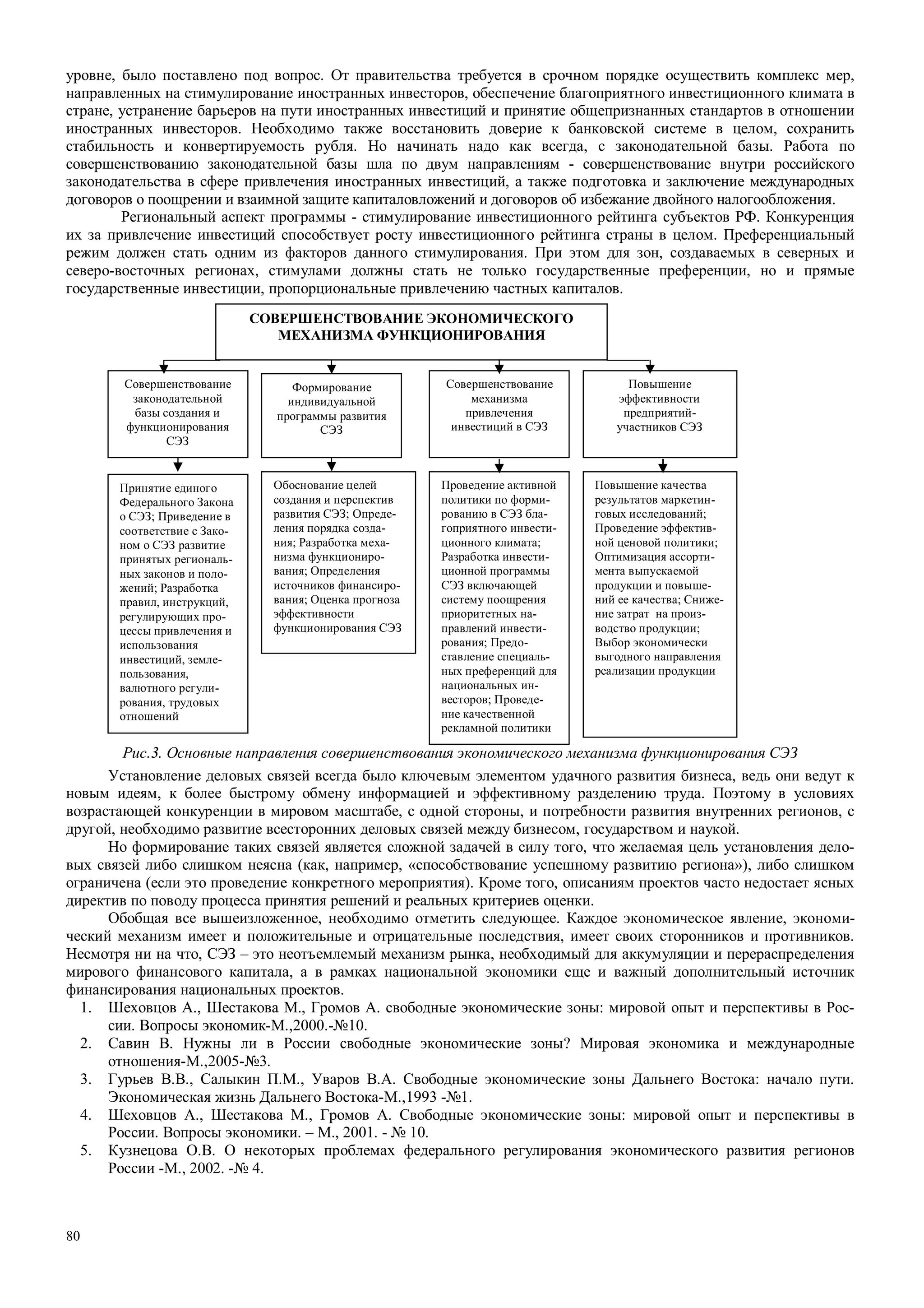80
уровне, было поставлено под вопрос. От правительства требуется в срочном порядке осуществить комплекс мер,
направленных на стимулирование иностранных инвесторов, обеспечение благоприятного инвестиционного климата в
стране, устранение барьеров на пути иностранных инвестиций и принятие общепризнанных стандартов в отношении
иностранных инвесторов. Необходимо также восстановить доверие к банковской системе в целом, сохранить
стабильность и конвертируемость рубля. Но начинать надо как всегда, с законодательной базы. Работа по
совершенствованию законодательной базы шла по двум направлениям - совершенствование внутри российского
законодательства в сфере привлечения иностранных инвестиций, а также подготовка и заключение международных
договоров о поощрении и взаимной защите капиталовложений и договоров об избежание двойного налогообложения.
Региональный аспект программы - стимулирование инвестиционного рейтинга субъектов РФ. Конкуренция
их за привлечение инвестиций способствует росту инвестиционного рейтинга страны в целом. Преференциальный
режим должен стать одним из факторов данного стимулирования. При этом для зон, создаваемых в северных и
северо-восточных регионах, стимулами должны стать не только государственные преференции, но и прямые
государственные инвестиции, пропорциональные привлечению частных капиталов.
Рис.3. Основные направления совершенствования экономического механизма функционирования СЭЗ
Установление деловых связей всегда было ключевым элементом удачного развития бизнеса, ведь они ведут к
новым идеям, к более быстрому обмену информацией и эффективному разделению труда. Поэтому в условиях
возрастающей конкуренции в мировом масштабе, с одной стороны, и потребности развития внутренних регионов, с
другой, необходимо развитие всесторонних деловых связей между бизнесом, государством и наукой.
Но формирование таких связей является сложной задачей в силу того, что желаемая цель установления дело-
вых связей либо слишком неясна (как, например, «способствование успешному развитию региона»), либо слишком
ограничена (если это проведение конкретного мероприятия). Кроме того, описаниям проектов часто недостает ясных
директив по поводу процесса принятия решений и реальных критериев оценки.
Обобщая все вышеизложенное, необходимо отметить следующее. Каждое экономическое явление, экономи-
ческий механизм имеет и положительные и отрицательные последствия, имеет своих сторонников и противников.
Несмотря ни на что, СЭЗ – это неотъемлемый механизм рынка, необходимый для аккумуляции и перераспределения
мирового финансового капитала, а в рамках национальной экономики еще и важный дополнительный источник
финансирования национальных проектов.
1. Шеховцов А., Шестакова М., Громов А. свободные экономические зоны: мировой опыт и перспективы в Рос-
сии. Вопросы экономик-М.,2000.-№10.
2. Савин В. Нужны ли в России свободные экономические зоны? Мировая экономика и международные
отношения-М.,2005-№3.
3. Гурьев В.В., Салыкин П.М., Уваров В.А. Свободные экономические зоны Дальнего Востока: начало пути.
Экономическая жизнь Дальнего Востока-М.,1993 -№1.
4. Шеховцов А., Шестакова М., Громов А. Свободные экономические зоны: мировой опыт и перспективы в
России. Вопросы экономики. – М., 2001. - № 10.
5. Кузнецова О.В. О некоторых проблемах федерального регулирования экономического развития регионов
России -М., 2002. -№ 4.
СОВЕРШЕНСТВОВАНИЕ ЭКОНОМИЧЕСКОГО
МЕХАНИЗМА ФУНКЦИОНИРОВАНИЯ
Совершенствование
законодательной
базы создания и
функционирования
СЭЗ
Формирование
индивидуальной
программы развития
СЭЗ
Совершенствование
механизма
привлечения
инвестиций в СЭЗ
Повышение
эффективности
предприятий-
участников СЭЗ
Принятие единого
Федерального Закона
о СЭЗ; Приведение в
соответствие с Зако-
ном о СЭЗ развитие
принятых региональ-
ных законов и поло-
жений; Разработка
правил, инструкций,
регулирующих про-
цессы привлечения и
использования
инвестиций, земле-
пользования,
валютного регули-
рования, трудовых
отношений
Обоснование целей
создания и перспектив
развития СЭЗ; Опреде-
ления порядка созда-
ния; Разработка меха-
низма функциониро-
вания; Определения
источников финансиро-
вания; Оценка прогноза
эффективности
функционирования СЭЗ
Проведение активной
политики по форми-
рованию в СЭЗ бла-
гоприятного инвести-
ционного климата;
Разработка инвести-
ционной программы
СЭЗ включающей
систему поощрения
приоритетных на-
правлений инвести-
рования; Предо-
ставление специаль-
ных преференций для
национальных ин-
весторов; Проведе-
ние качественной
рекламной политики
Повышение качества
результатов маркетин-
говых исследований;
Проведение эффектив-
ной ценовой политики;
Оптимизация ассорти-
мента выпускаемой
продукции и повыше-
ний ее качества; Сниже-
ние затрат на произ-
водство продукции;
Выбор экономически
выгодного направления
реализации продукции
 