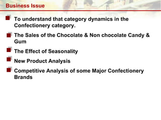 To understand that category dynamics in the Confectionery category. The Sales of the Chocolate & Non chocolate Candy & Gum The Effect of Seasonality New Product Analysis Competitive Analysis of some Major Confectionery Brands Business Issue 