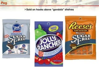 Peg Sold on hooks above “gondola” shelves 