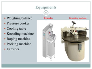 Equipments
14
 Weighing balance
 Pressure cooker
 Cooling table
 Kneading machine
 Roping machine
 Packing machine
 Extruder
Extruder Kneading machine
 