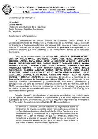 CONFEDERACIÓN DE UNIDAD SINDICAL DE GUATEMALA CUSG
12 Calle “A” 0-66 Zona 1, Telefax: 22207875 – 22383654
E-Mail: cusg.gua...