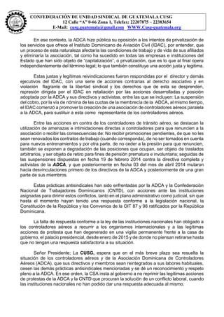 CONFEDERACIÓN DE UNIDAD SINDICAL DE GUATEMALA CUSG
12 Calle “A” 0-66 Zona 1, Telefax: 22207875 – 22383654
E-Mail: cusg.gua...