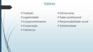 Valores 
Tradição 
Legitimidade 
Comprometimento 
Cooperação 
Tolerância 
Democracia 
Saber profissional 
Responsabilidade social 
Solidariedade 
 