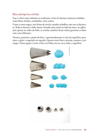 Confeiteiro 1 Arco Ocupacional Gastronomia	 99
Bico pitanga (ou estrela)
Esse é o bico mais utilizado na confeitaria. Com ele fazemos inúmeros trabalhos
como flores, bordas, conchinhas, entre outros.
Como o nome sugere, tem forma de estrela e produz trabalhos com esse acabamen-
to. Pode-se decorar o bolo inteiro, fazendo uma estrela ao lado da outra, ou aplica-
ções apenas ao redor do bolo; as estrelas também ficam muito graciosas se feitas
com cores diferentes.
Técnica: posicione a ponta do bico a aproximadamente 3 mm da superfície; pres-
sione o glacê e suspenda em seguida. Quanto mais forte a pressão, maiores as pi-
tangas. Outra opção é correr o bico em linha reta ou curva sobre a superfície.
Fotos©DeboraFeddersen
 